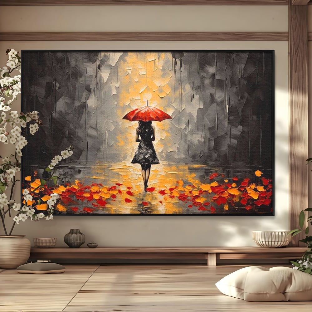 Tablou canvas cu tablou canvas cu femeie sub umbrela rosie, in rama de aluminiu negru